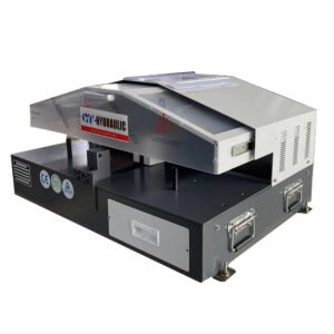 CYT pneumatic hydraulic hose cutting machine with safety enclosure, cleanly slicing 2 inch 4SP wire hoses for repair shops.