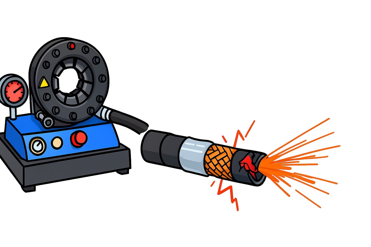 Over crimp damage example on hydraulic hose
