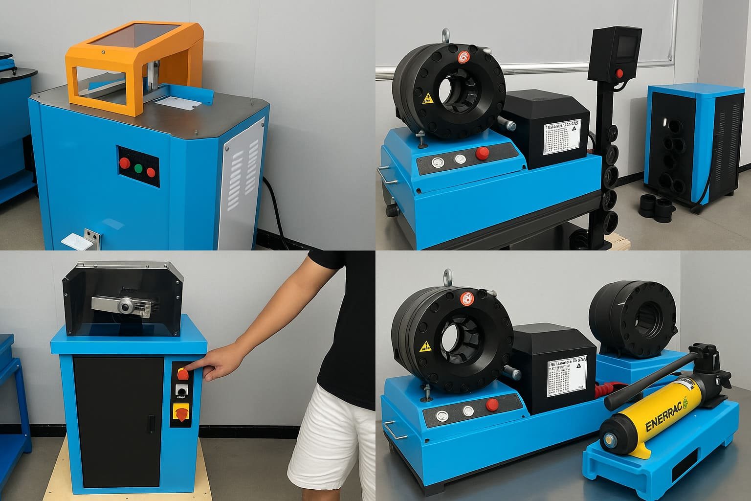 hose cutting and skiving machine and hose crimper