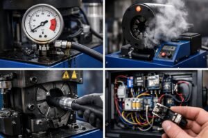 Technician troubleshooting hydraulic hose crimping machine