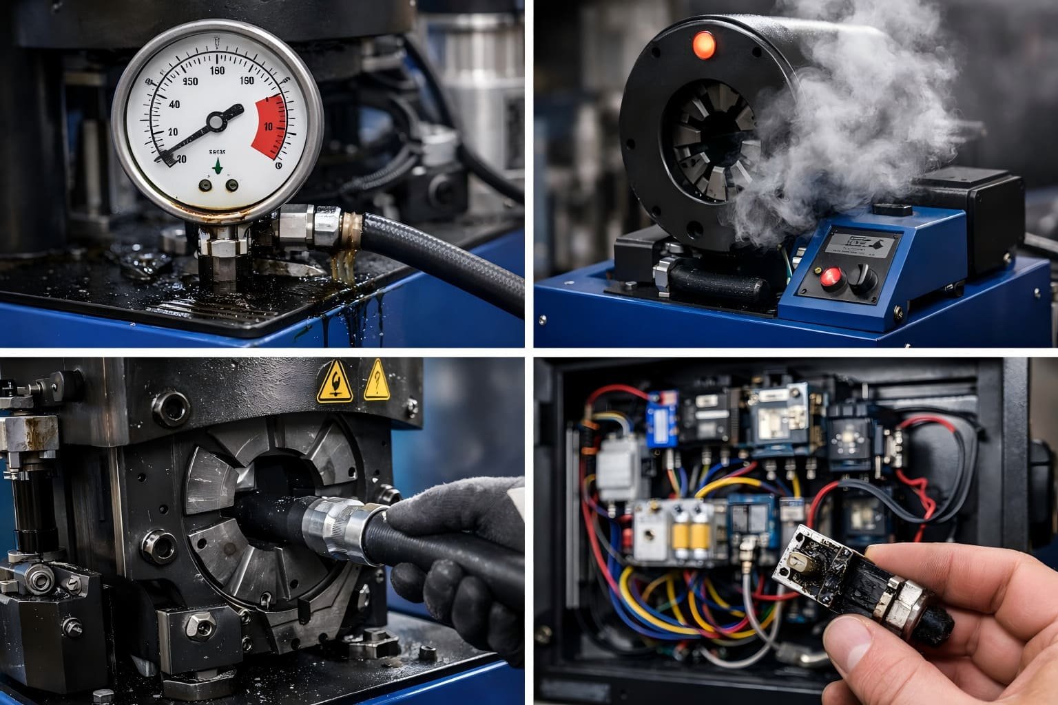 Technician troubleshooting hydraulic hose crimping machine