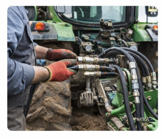 Farmer connecting high-pressure hydraulic quick release couplings on a green agricultural tractor, demonstrating farm equipment maintenance.