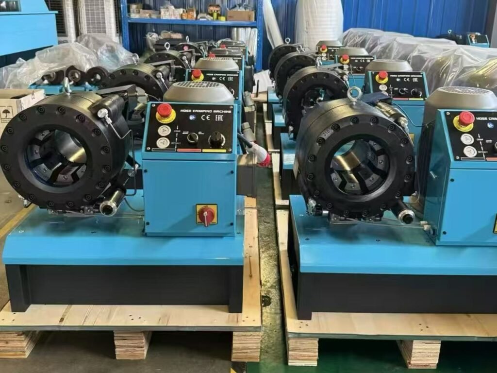 CYT-P32S 2-inch hydraulic hose crimping machines with CE and EAC certification logos, packed on wooden pallets for export.
