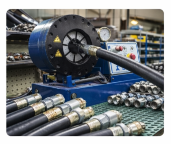 Close-up of CYT-P32 electric hydraulic hose crimper pressing a steel fitting onto a 2-inch hose in a busy repair workshop.