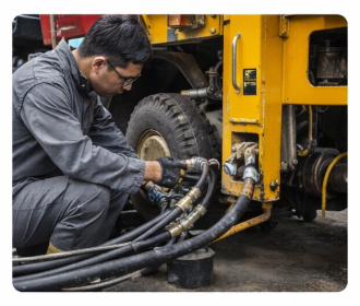 Mechanic performing on-site hydraulic hose replacement on a yellow utility truck chassis using mobile tools.