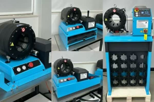 Comparison of CYT mobile hydraulic hose crimpers, featuring 12V/24V van-mounted units and electric workshop presses for field service.