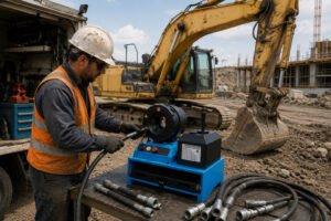 Mobile hydraulic hose crimper for construction equipment maintenance