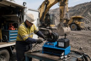 Portable hydraulic hose crimper for mining equipment repair