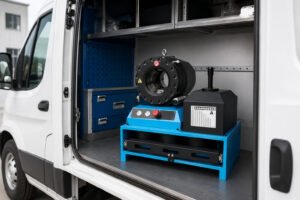 Portable hydraulic hose crimper installed in a service truck