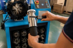CYT factory technician using a digital caliper to measure the final crimp diameter of a hydraulic hose fitting to verify 0.01mm accuracy.