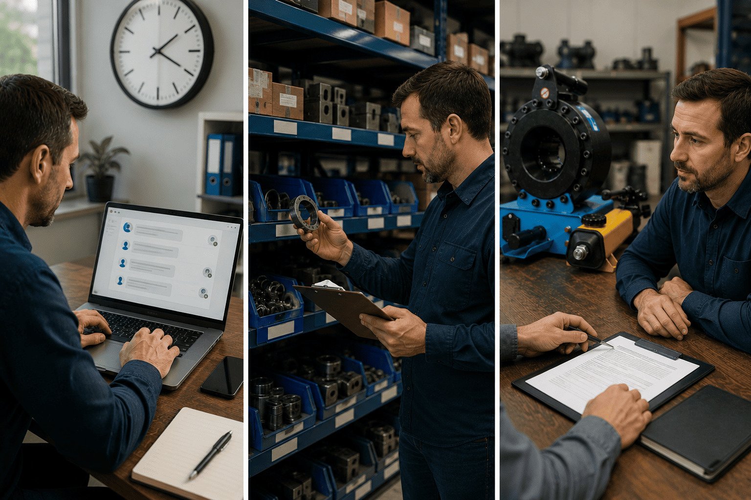 Manager evaluating online suppliers to decide where to buy a manual hydraulic hose crimping machine safely.