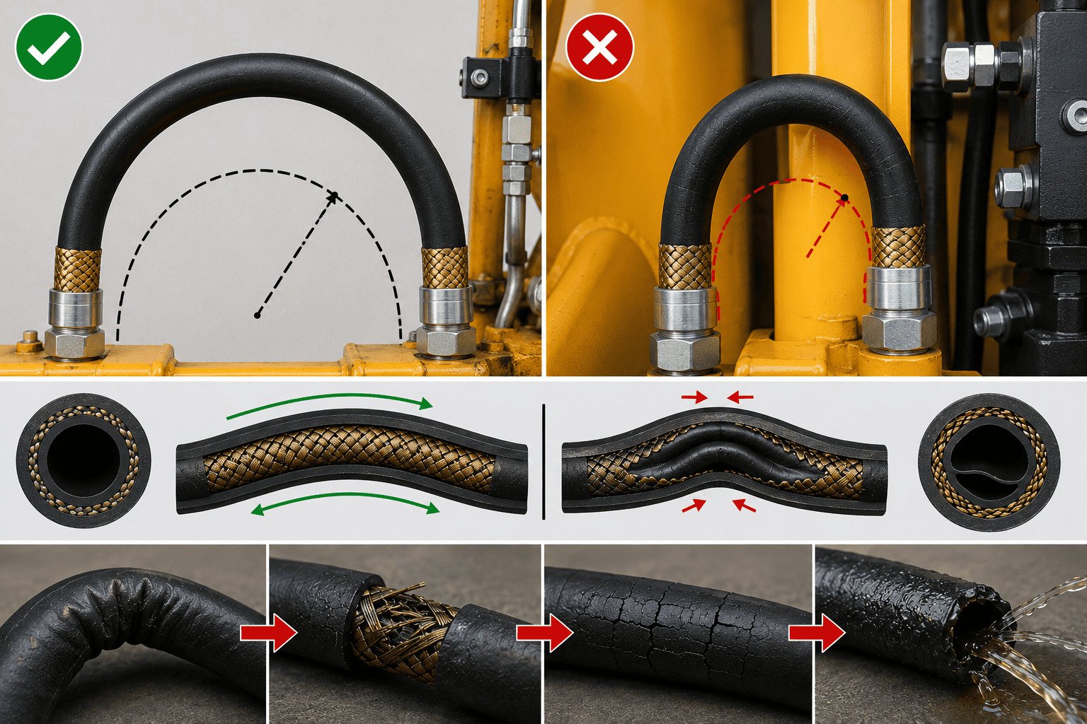 Proper vs improper hydraulic hose bending