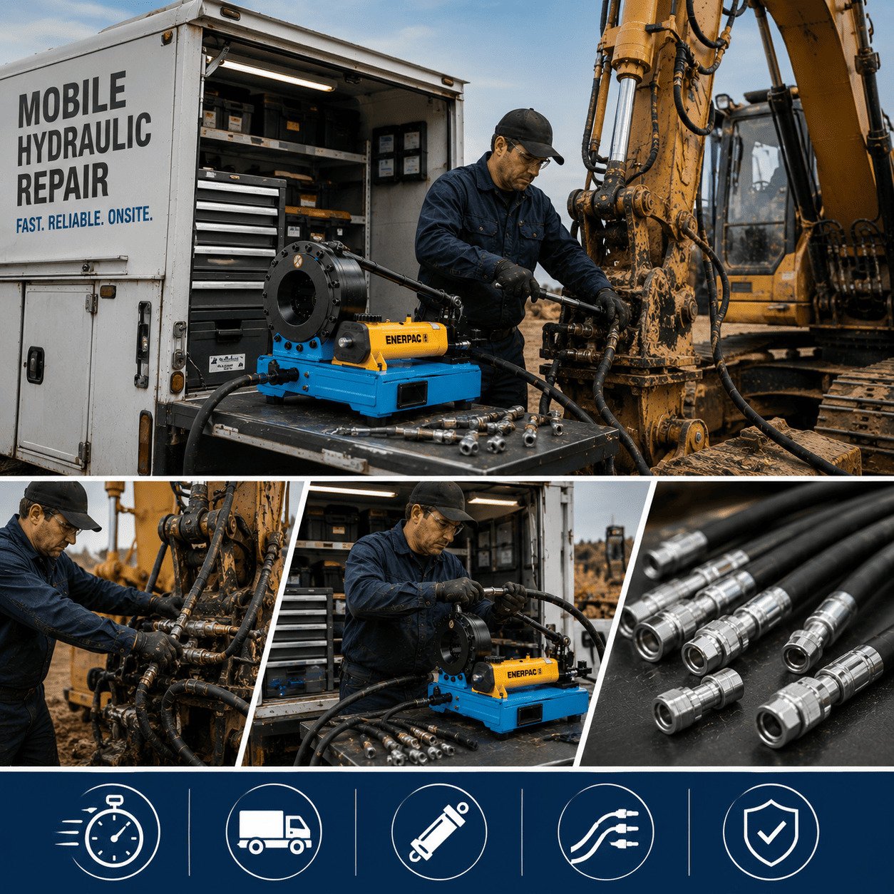 A professional mechanic using a CYT manual hydraulic hose crimper on a mobile repair service van to perform complete onsite excavator restoration.
