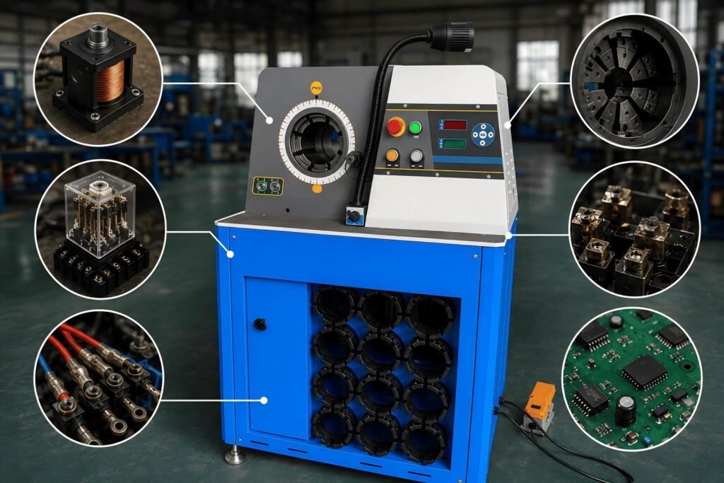 CYT guide showing relays, solenoids, and PCBs to inspect when a hydraulic hose crimping machine button is not responding.