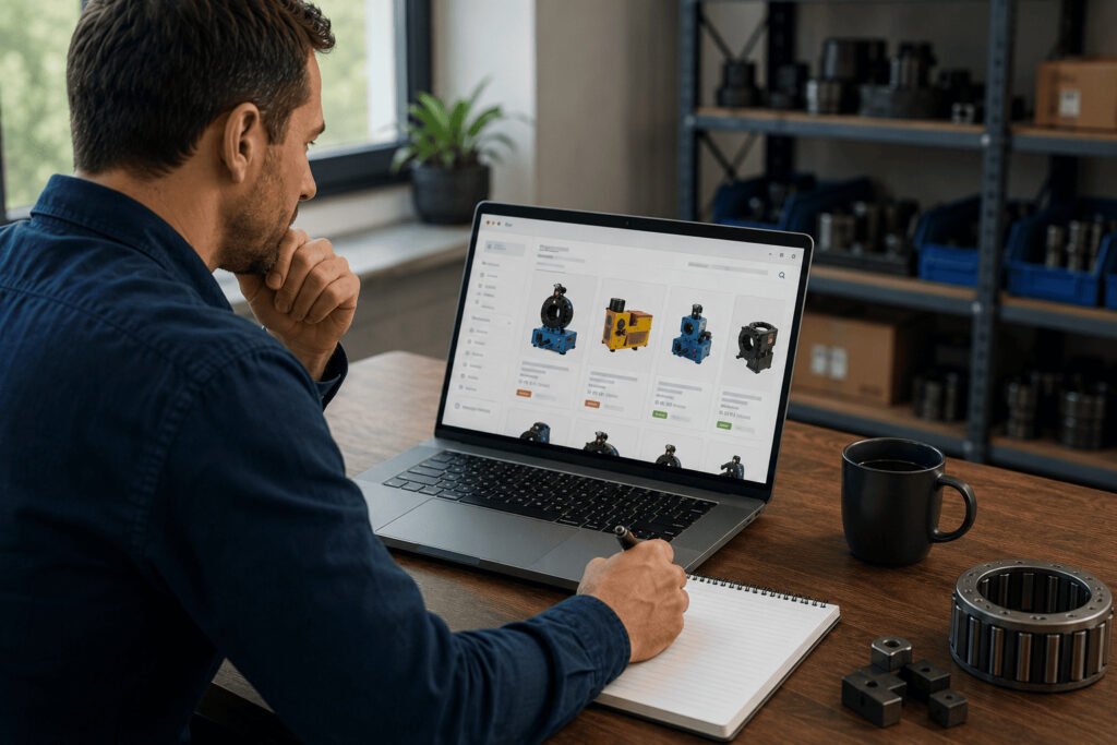 Buyer using online B2B platforms to research where to buy a manual hydraulic hose crimping machine, verifying supplier business licenses and stock.