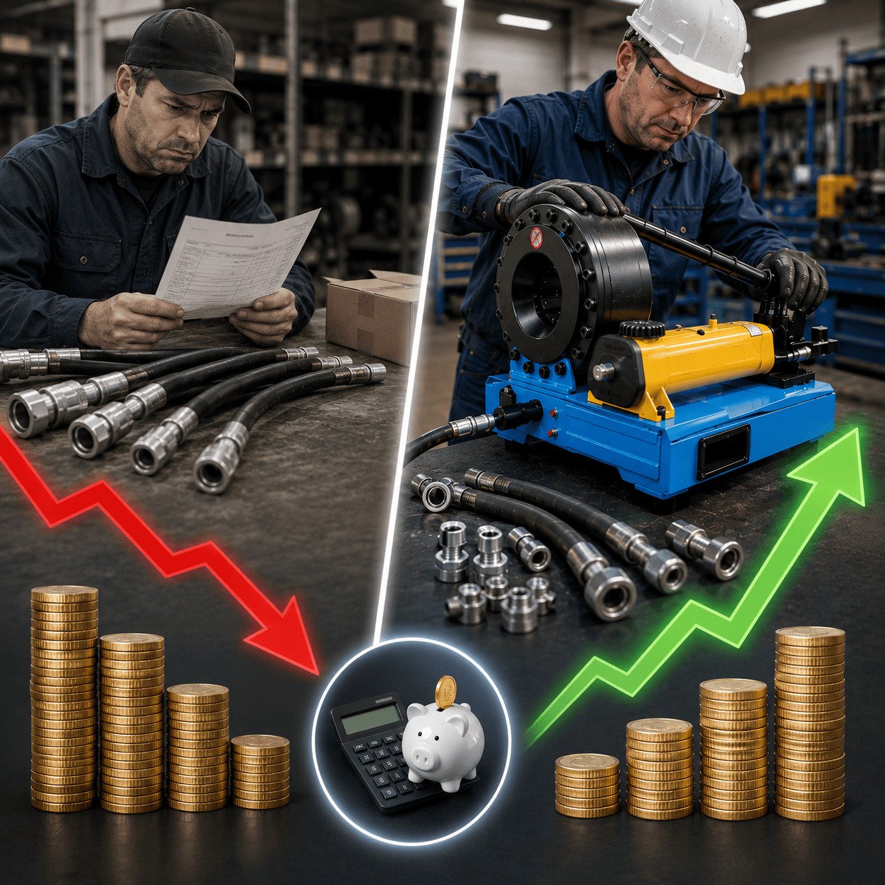 Financial comparison showing shrinking profits from buying pre-made hoses versus a 300 percent profit increase using a CYT manual crimper for in-house hose assembly.