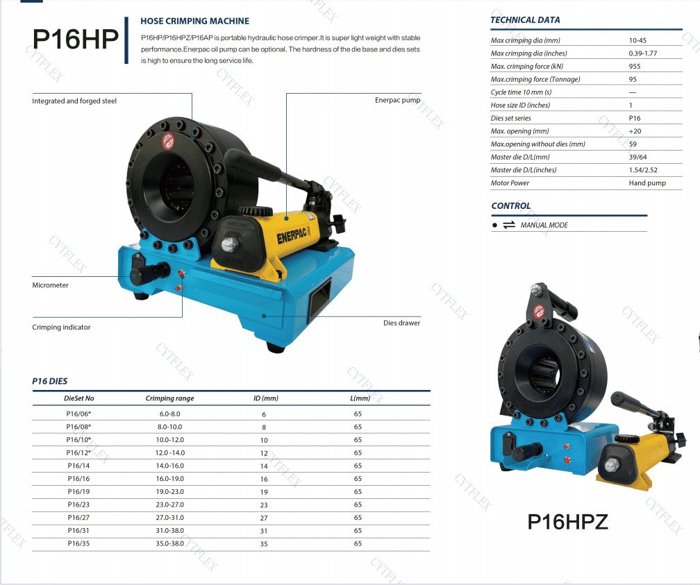 CYT P16HP manual hydraulic hose crimper with Enerpac pump for onsite repairs, helping businesses eliminate electricity dependency.