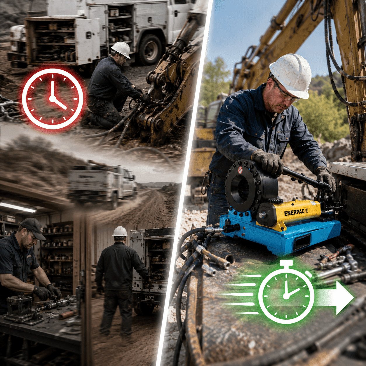 Comparison showing a mechanic using a CYT manual hydraulic hose crimper for fast onsite excavator repairs versus slow shop travel.
