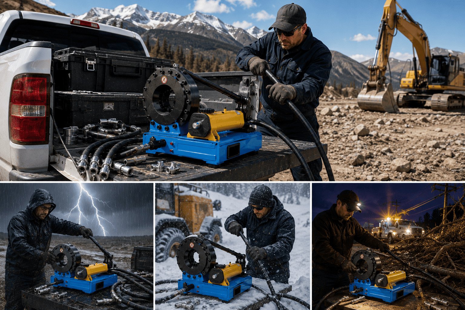 CYT zero electricity manual hydraulic hose crimper used for off-grid excavator repairs during thunderstorms, snow, and remote night operations.