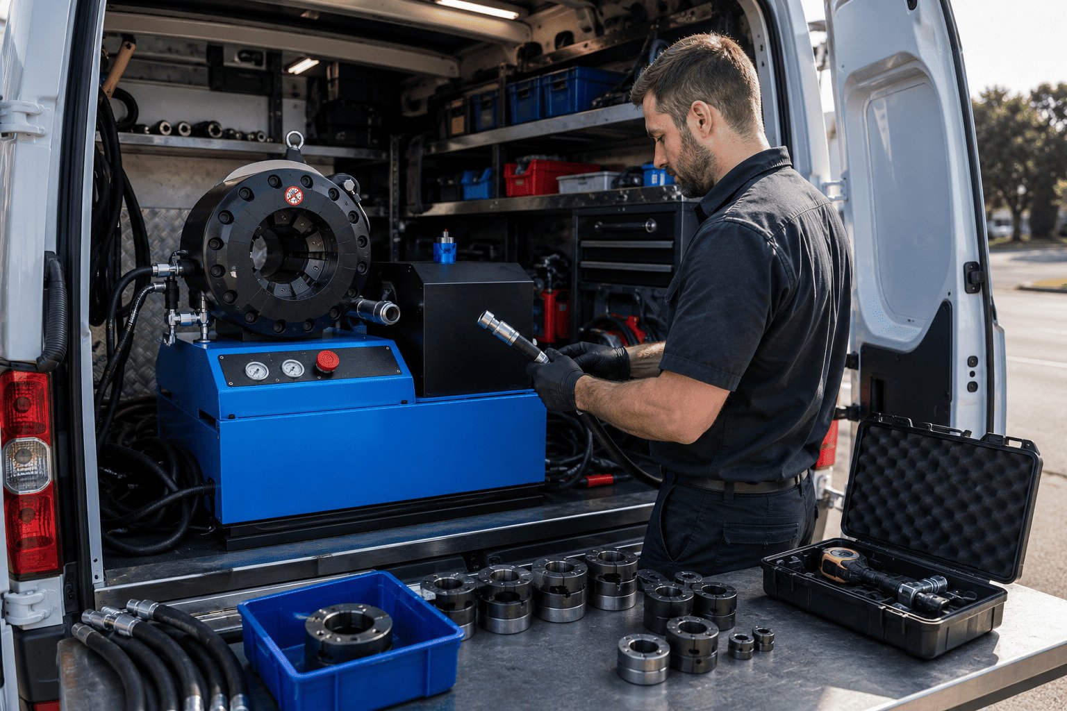 Mobile hydraulic repair truck setup Mobile hydraulic repair truck with hose crimper