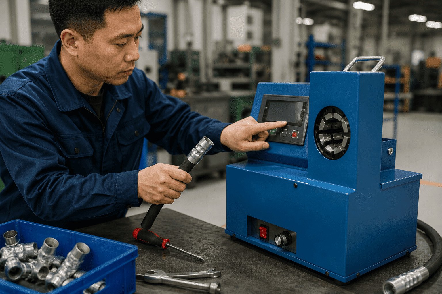 alarm code severity classification chart A-C hose crimping machine displaying an alarm code while a technician performs troubleshooting and fault classification