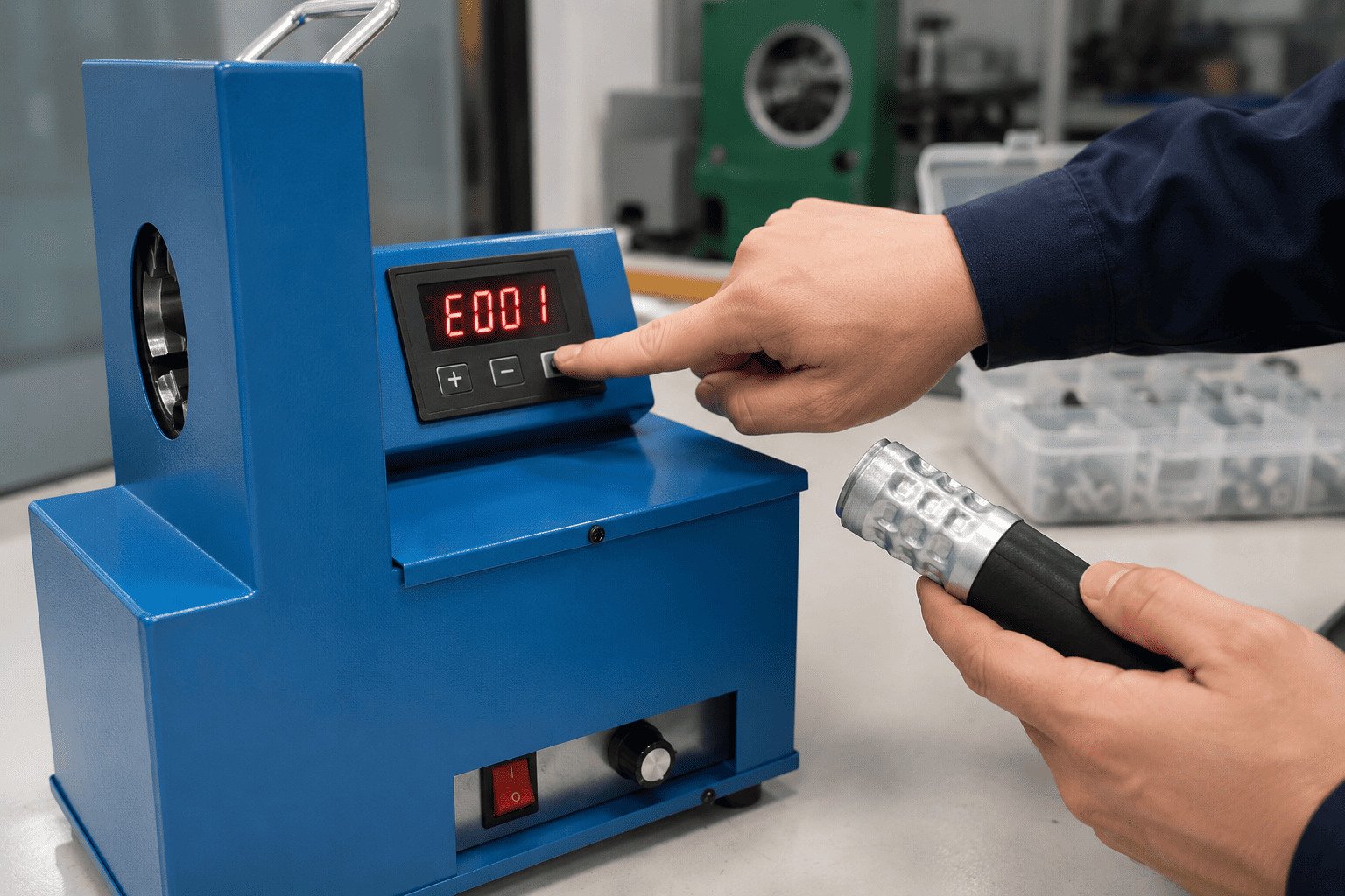 a/c hose crimper alarm code screen Technician troubleshooting E001 error code on an A/C hose crimping machine while inspecting a crimped air conditioning hose assembly