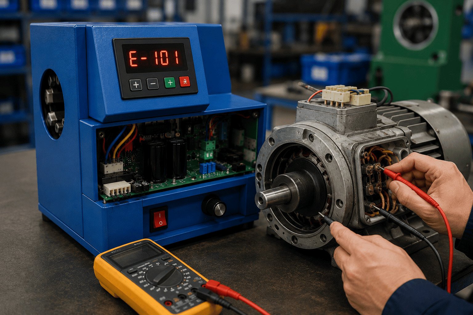 hose crimper motor compatibility check A-C hose crimping machine displaying startup overcurrent alarm while a technician checks motor phase connections with a multimeter