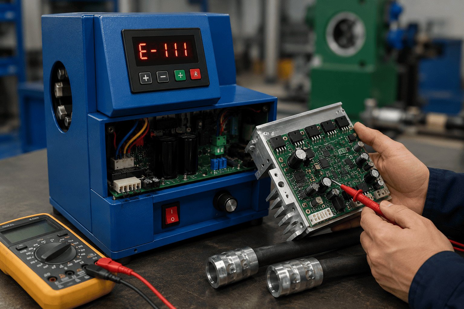 crimper driver circuit fault diagnosis Technician diagnosing E-111 power module short circuit fault on an A-C hose crimping machine controller board