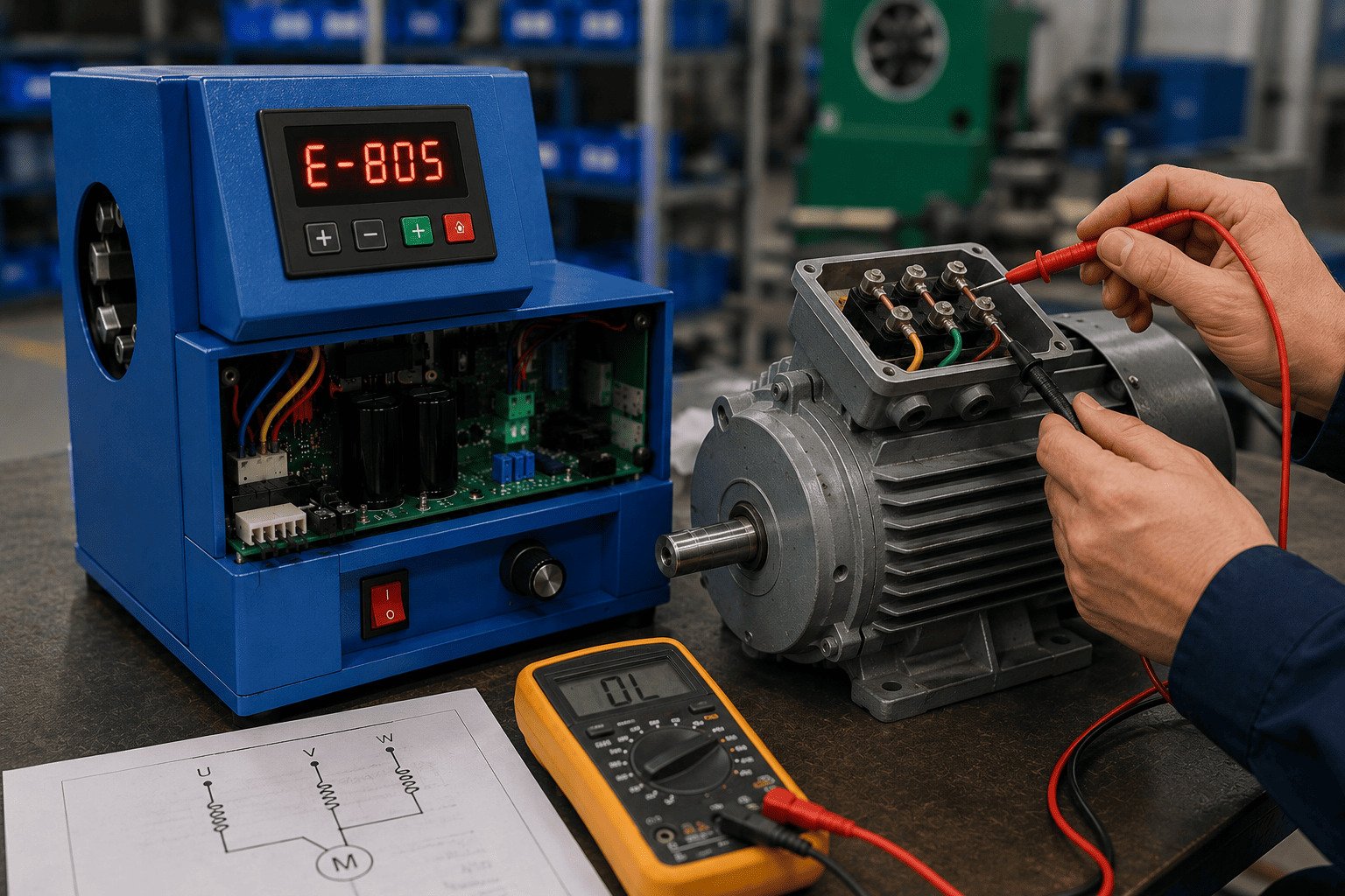 three phase motor connection inspection A-C hose crimping machine technician testing motor winding continuity and phase loss connections using a multimeter