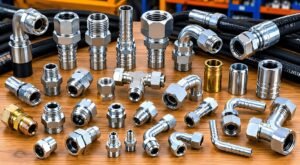 CYT display of the most commonly used hydraulic hose fittings, including JIC, BSP, and NPT adapters for high-pressure assembly.