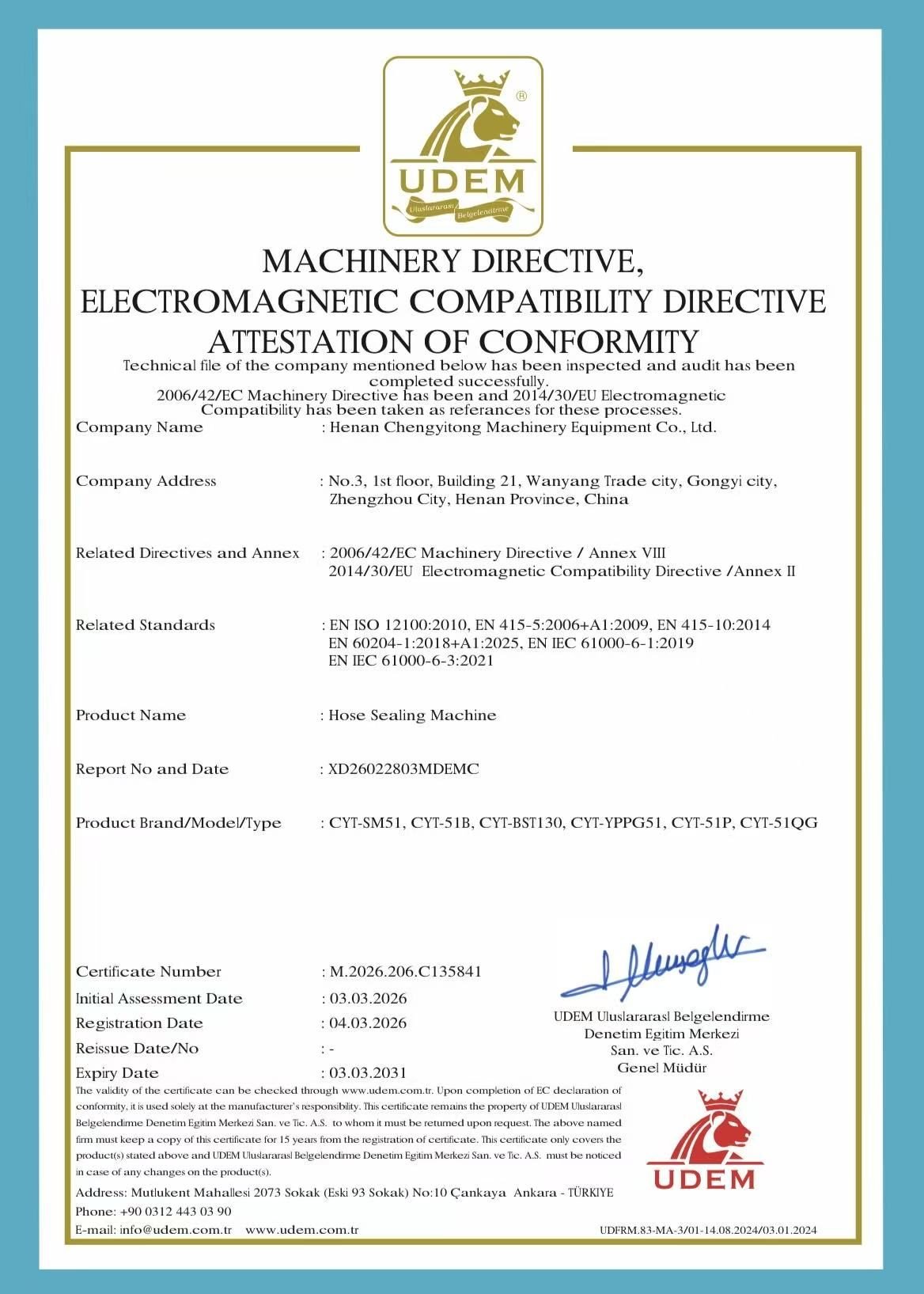 Official CE Certificate for CYT hose sealing machines, proving compliance with European Machinery and Electromagnetic Compatibility (EMC) directives.