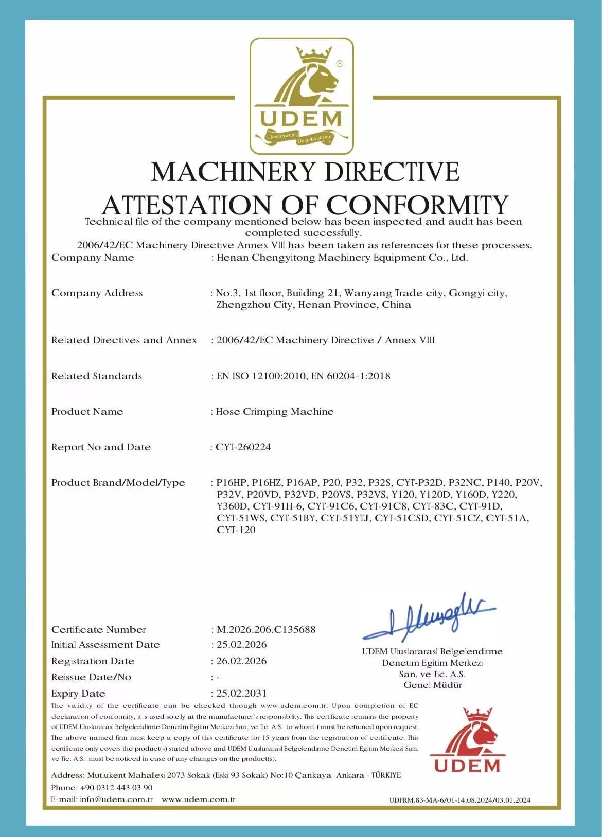 Official CE Certificate and Machinery Directive Attestation for CYT hydraulic hose crimping machines, ensuring EU safety standards.